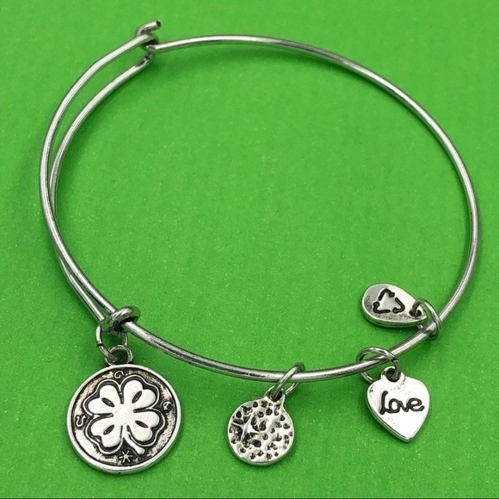 🌼 4 Leaf Clover Lucky Silver Charm Expandable Look Hook Bangle Bracelet